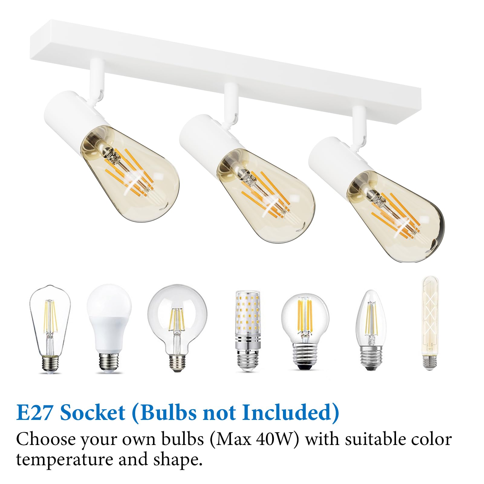 Lampada Da Soffitto A 3 Faretti Orientabili - Plafoniera Industriale Bianco/Alluminio, Portalampade E27 Max 60W - 3