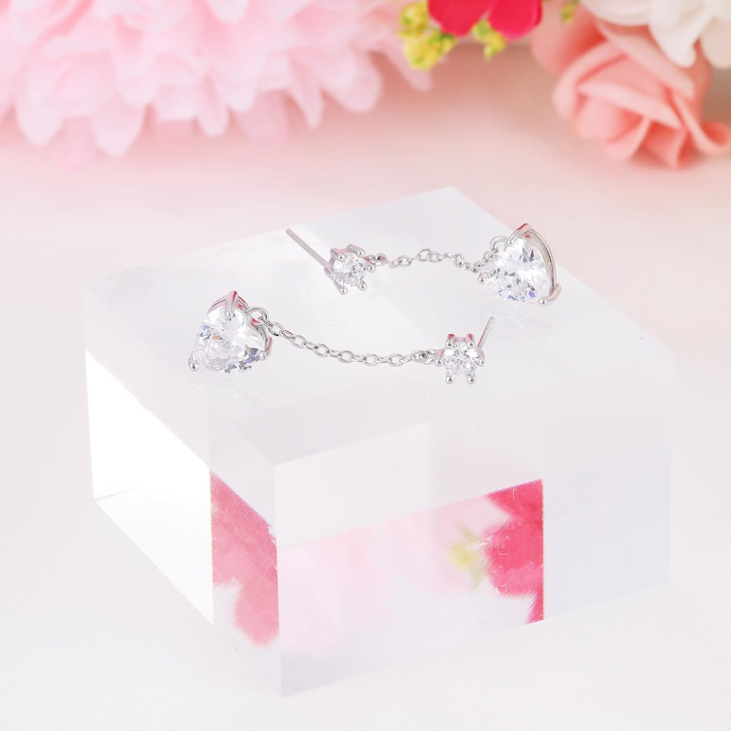 Sterling Silver Heart Dangle Earrings for Women Hypoallergenic Cubic Zirconia Charm Elegant Chain Earrings Jewelry Gifts for Wife Sister - Image 5