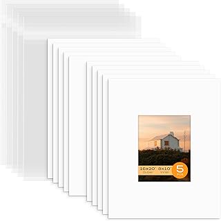 Mat Board Center, Pack of 5 Bevel Cut 16×20 White Mat for 8×10 Photo with White Core Matte Set, Includes 5 Acid Free Mats, 5 Backing Board and 5 Clear Bags