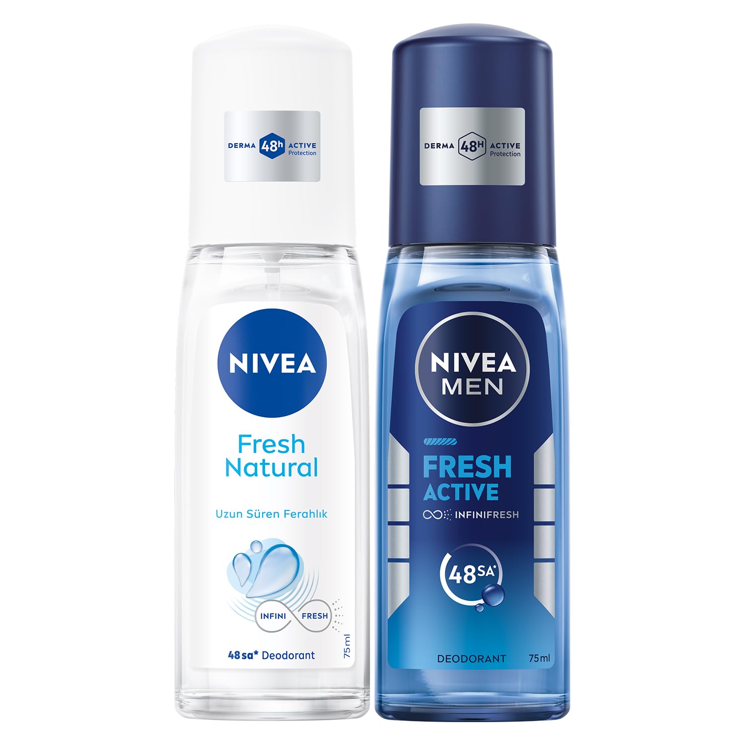 NIVEA Kadın Pump Sprey Deodorant Fresh Natural 75ml, Ter Kokusuna Karşı 48 Saat Koruma, Ferahlık + NIVEA MEN Erkek Pump Sprey Deodorant Fresh Active 75ml, Ter Ve Ter Kokusuna Karşı 48 Saat Koruma