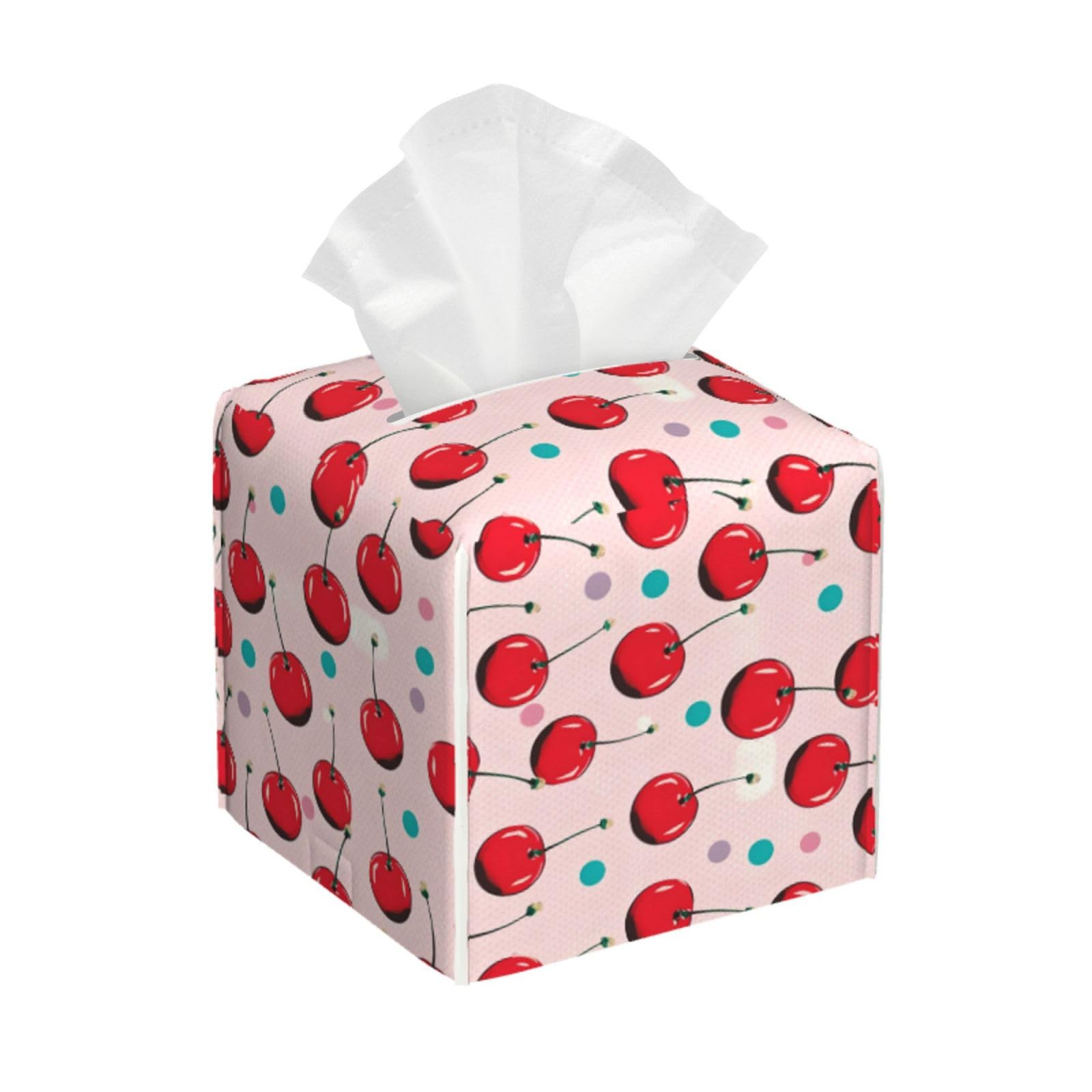 Tissue Box Cover Cherry Fruit Polka Dots Square PU Leather Tissue Box Holder for Car Bathroom Bedroom Desk Tabletop Decor
