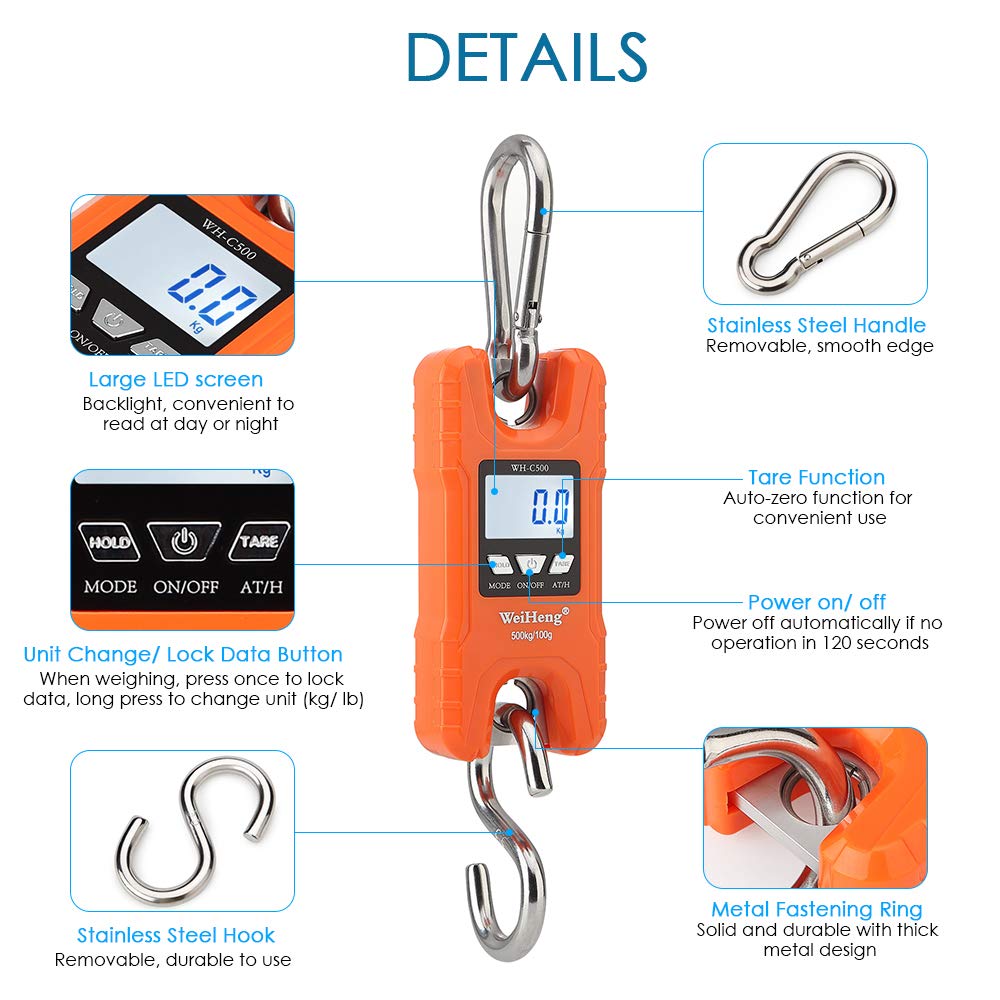 Escala Digital Báscula Digital para grúas de Trabajo Pesado Weiheng, 500 kg / 1102 lbs. Escala Multifuncional para Equipaje, con retroiluminación, Unidad LED, Kg/LB para la Pesca en el merca