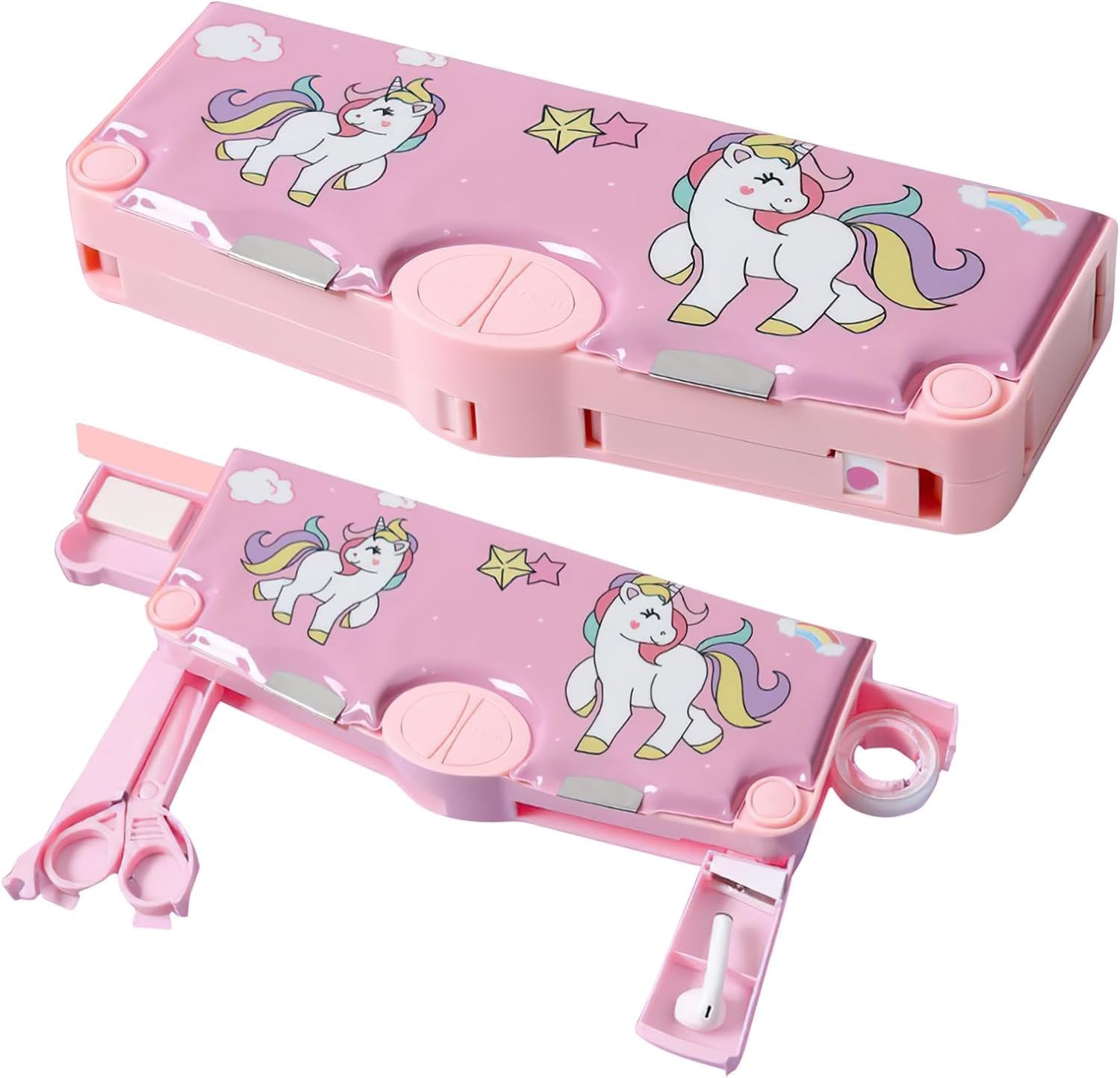 YBN Jumbo Size Plastic Unicorn Theme Multi-Functional, School Pencil Modern Geometry Box with Accessories | Gifts for Kids (Plastic, Pink)-image-11