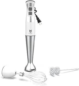 UTALENT 3-in-1 Immersion Hand Blender with Milk Frother and Egg Whisk - 8-Speed, White
