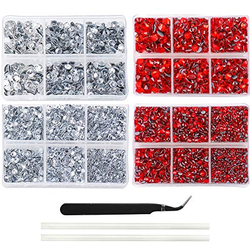 OUTUXED 5040pcs Red and 5040pcs Crystal Clear Hotfix Rhinestones for Crafts Nail Art with Tweezers and Picking Rhinestones Pen 2-6.5mm