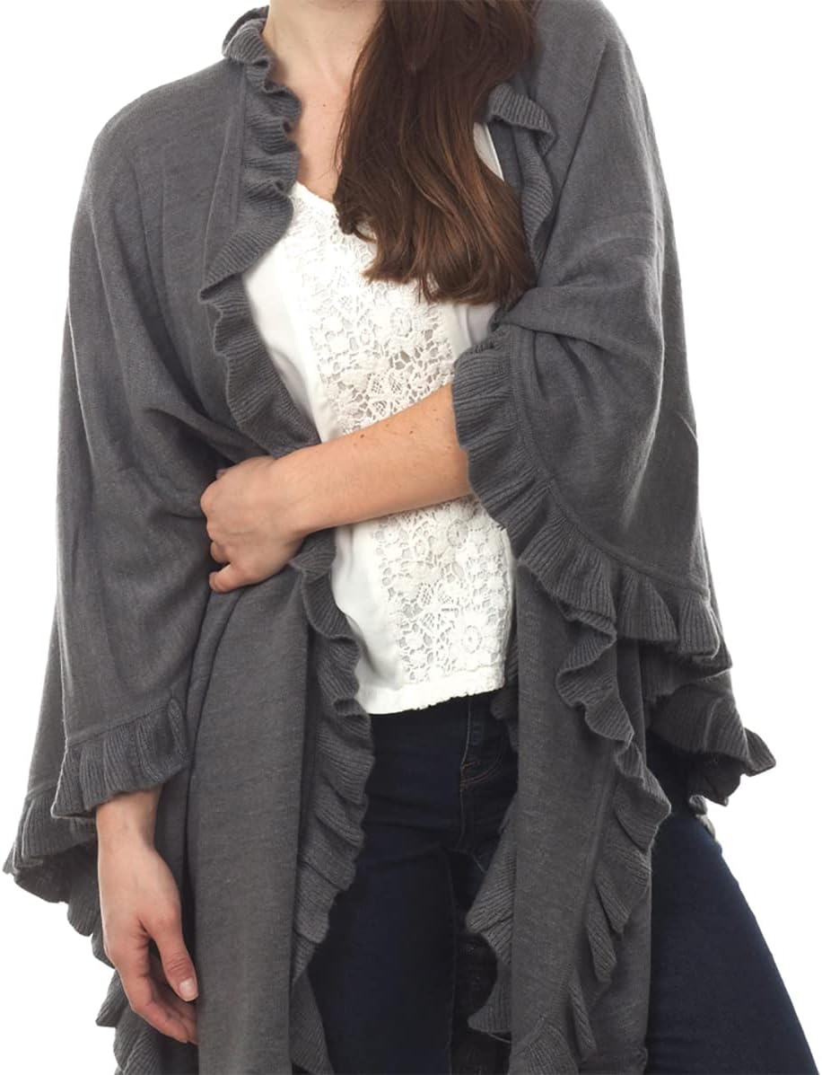 Fennco Styles Women's Ruffle Trim Knit Open Front Poncho Cape Shawl - Fall Wrap Jacket, Cozy and Stylish Layering Piece