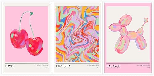 Juego de 3 pósteres de perro con globo, color rosa, diseño retro de cerezo preppy, juego de 3 imágenes de euforia, coloridas impresiones abstractas
