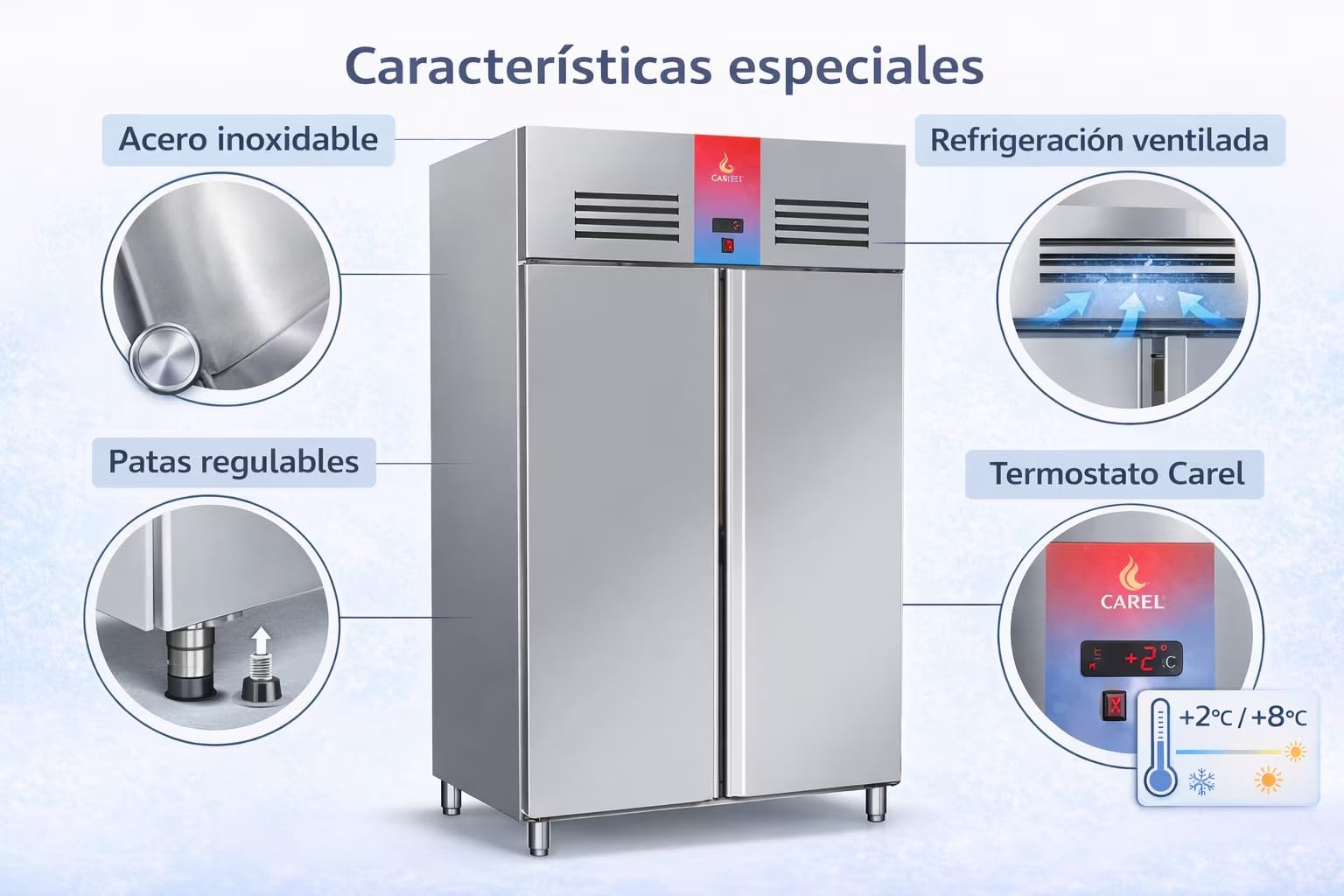 Armario Frigorífico Industrial 2 Puertas y 4 Puertas Acero Inoxidable, 1300L, Refrigeración Ventilada No Frost, +2/+8°C, Tropicalizado Clase C, Frigorífico Profesional Hostelería