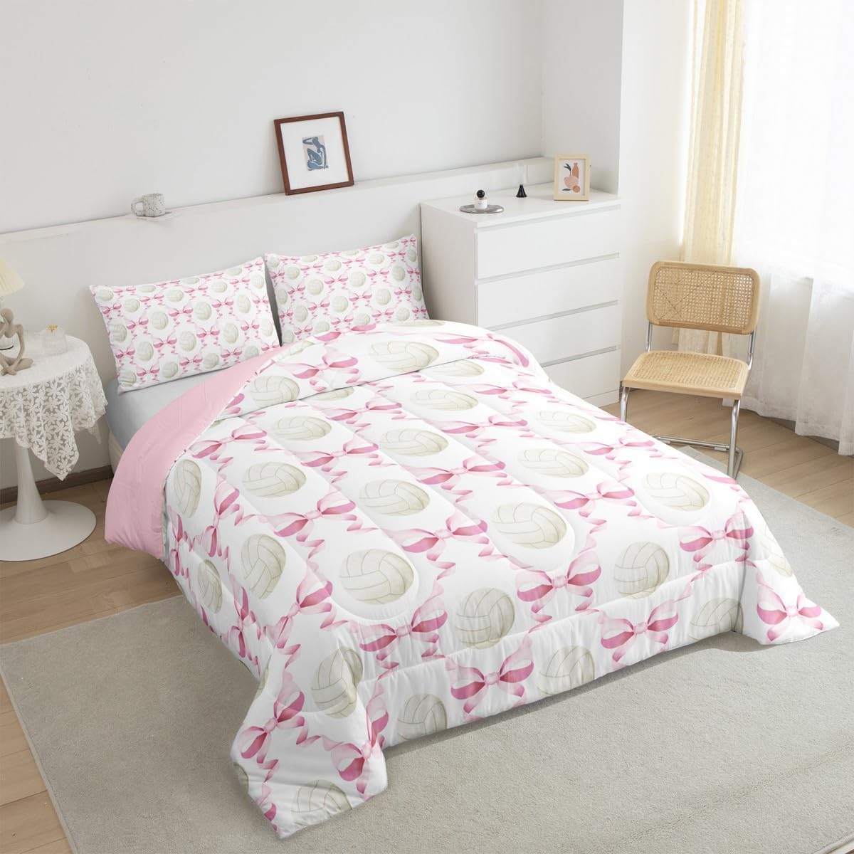 Castle Fairy Volleyball Kids Comforter Sets Twin Size,Woman Sport Girls Bow Tie Printed Bedding Sets,Splicing Bowknot Duvet Insert Bedroom Decor 2 PCS,Princess Style Quilt Set with 1 Pillowcase