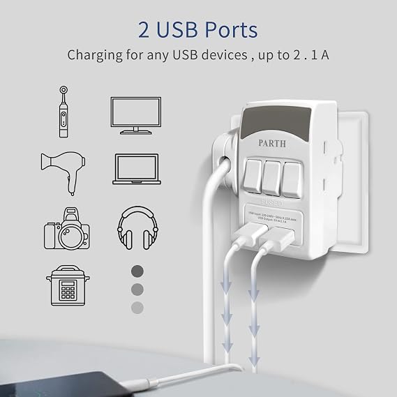 PARTH Plug Adaptor UK, 3 Sockets Power Extension Adapter, with 2 USB Ports | Triple Plugs,Individually Switched,3250w,13A,for Travel /Shaver/Electric Toothbrush,Wall Charger,for Space Saving