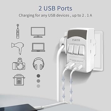 PARTH Plug Adaptor UK, 3 Sockets Power Extension Adapter, with 2 USB Ports | Triple Plugs,Individually Switched,3250w,13A,for Travel /Shaver/Electric Toothbrush,Wall Charger,for Space Saving