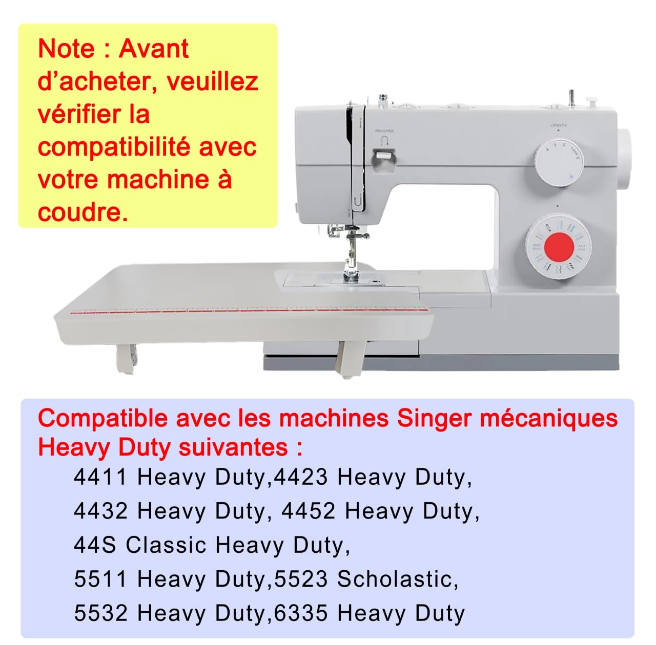 StitchTech Table d'extension pour machines à coudre Singer 44S, 4411, 4423, 4432, 4452, 5511, 5523, 5532, 6335 - Gris