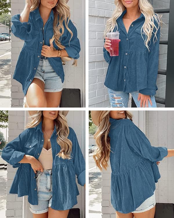 Womens Corduroy Peplum Shacket Jacket Long Sleeve Button Down Babydoll Shirts Oversized Casual Blouses Tops - Image 2