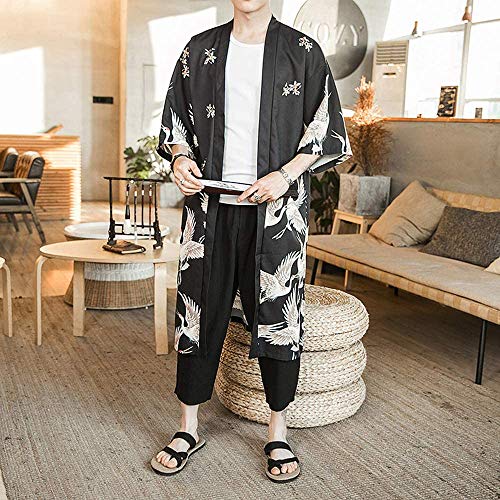 Ambcol Men Japanese Kimono Coat Loose Yukata Outwear Long Bathrobe Tops Vintage Black Large #TOP5