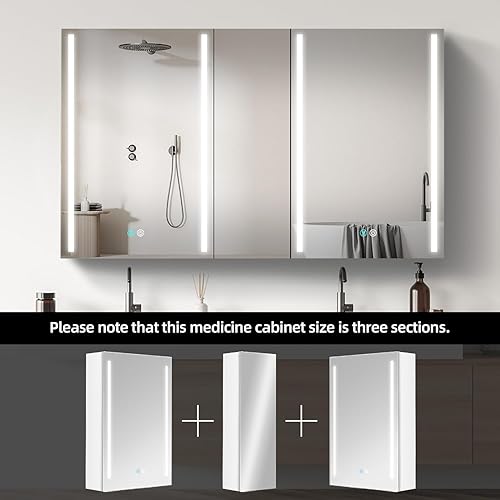 Miniatura 4 de Ogonbrick Botiquines de medicina LED de 50 W x 30 H con espejo para baño puertas dobles, botiquín moderno con luces, antiempañamiento, 3 luces de