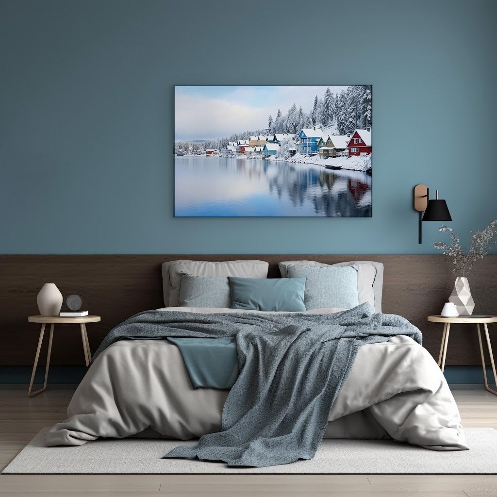 Canvas for Living room. Winter's Serene Embrace � A Snowy Village by the Calm Lakeside, 27 x 18 inch Canvas Wall Art - Expansive Panoramas - Modern Home Decor - 69x46 cm (27x18 inch)