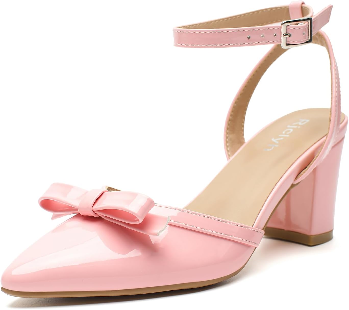 レディース クローズドトゥ チャンキーヒール、ポインテッドトゥ D'Orsay スリングバック パンプス リボン付き、アンクルストラップ ローヒール ウェディング パーティー ドレスシューズ