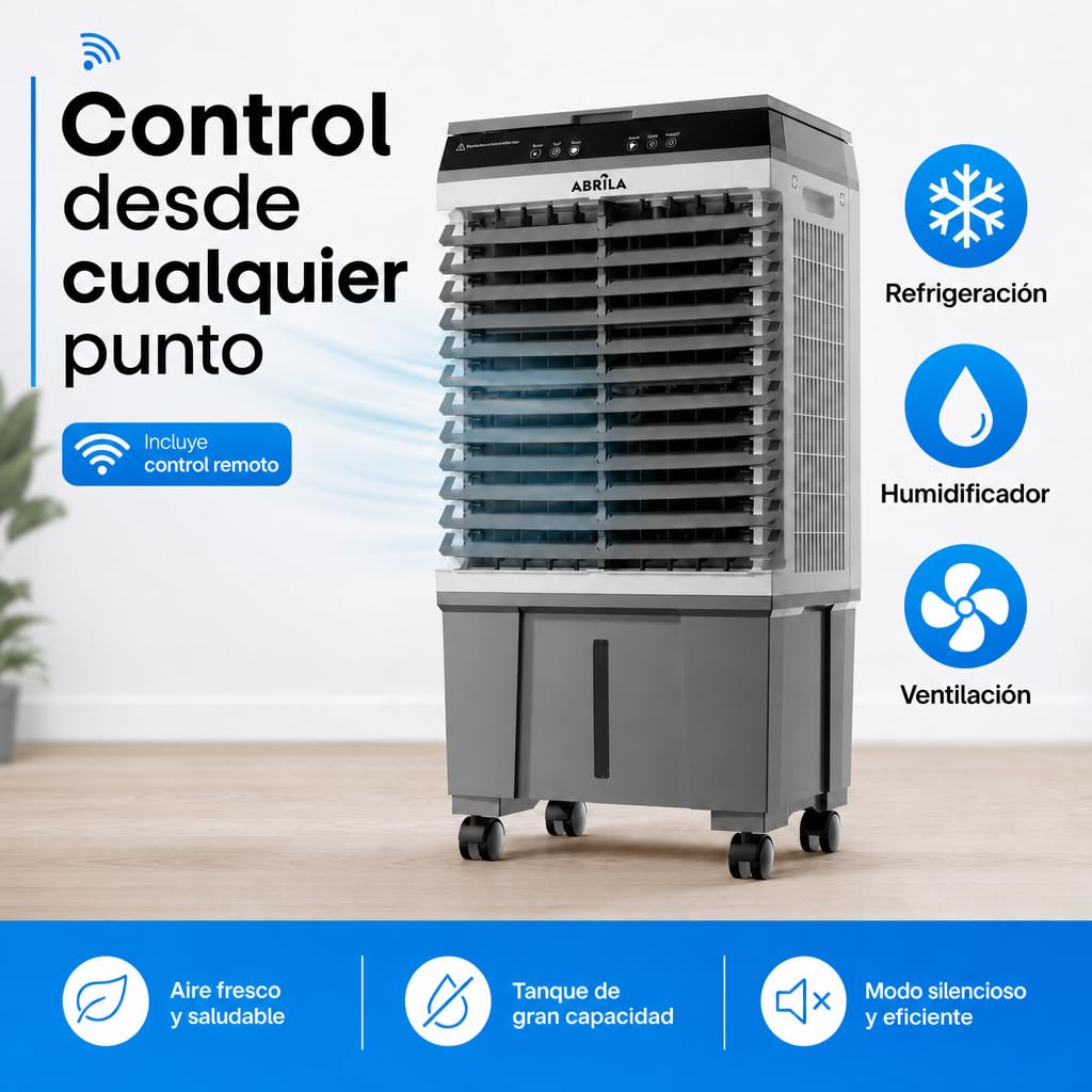 Climatizador Evaporativo Industrial 20L | Sin Tubo Exterior | Naves, Talleres y Terrazas hasta 20 m² | 65W | 3 Velocidades | Mando a Distancia | 4 Acumuladores de Frío | Oscilante | Portátil