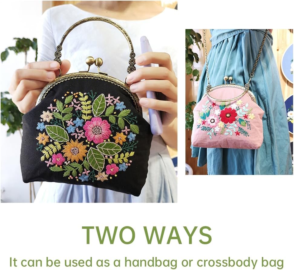 Eforcase Flower Embroidery Kit Tote Bag, Embroidery Coin Purse Kits Handbag Hand Embroidery Kit for Adults Beginner with Embroidery Patterns, Embroidery Hoop,DIY Sewing Kit