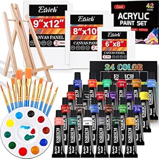 ESRICH Acrylic Paint Canvas Set,42 Piece Professional Premium Paint Kit with 1 Wood Easel,24Colors,10 Brushes,6 Canvases, Painting Supplies Kit for Kids,Students, Artists and Beginner