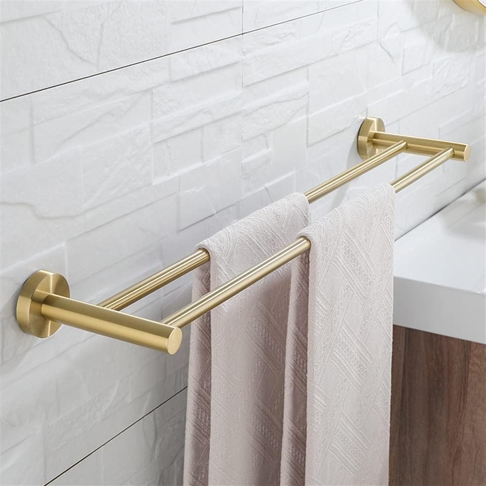 Golden Double Bar Bathroom Towel Rack Wall Mounted Towel Rail, Fashionable Brushed Gold Color Bathroom Hardware Accessories, Set of 2