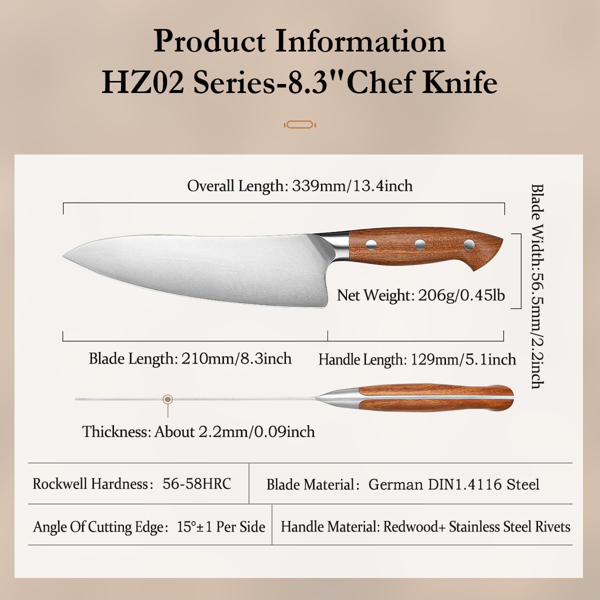 HEZHEN Pro Chefs Knives 8.3 Inch,High Carbon German 1.4116 Steel,Stainless Steel Rivets with Red Wood Handle，Razor Sharp,Super Edge,with Woodern Knife Sheath — Amazon image 2