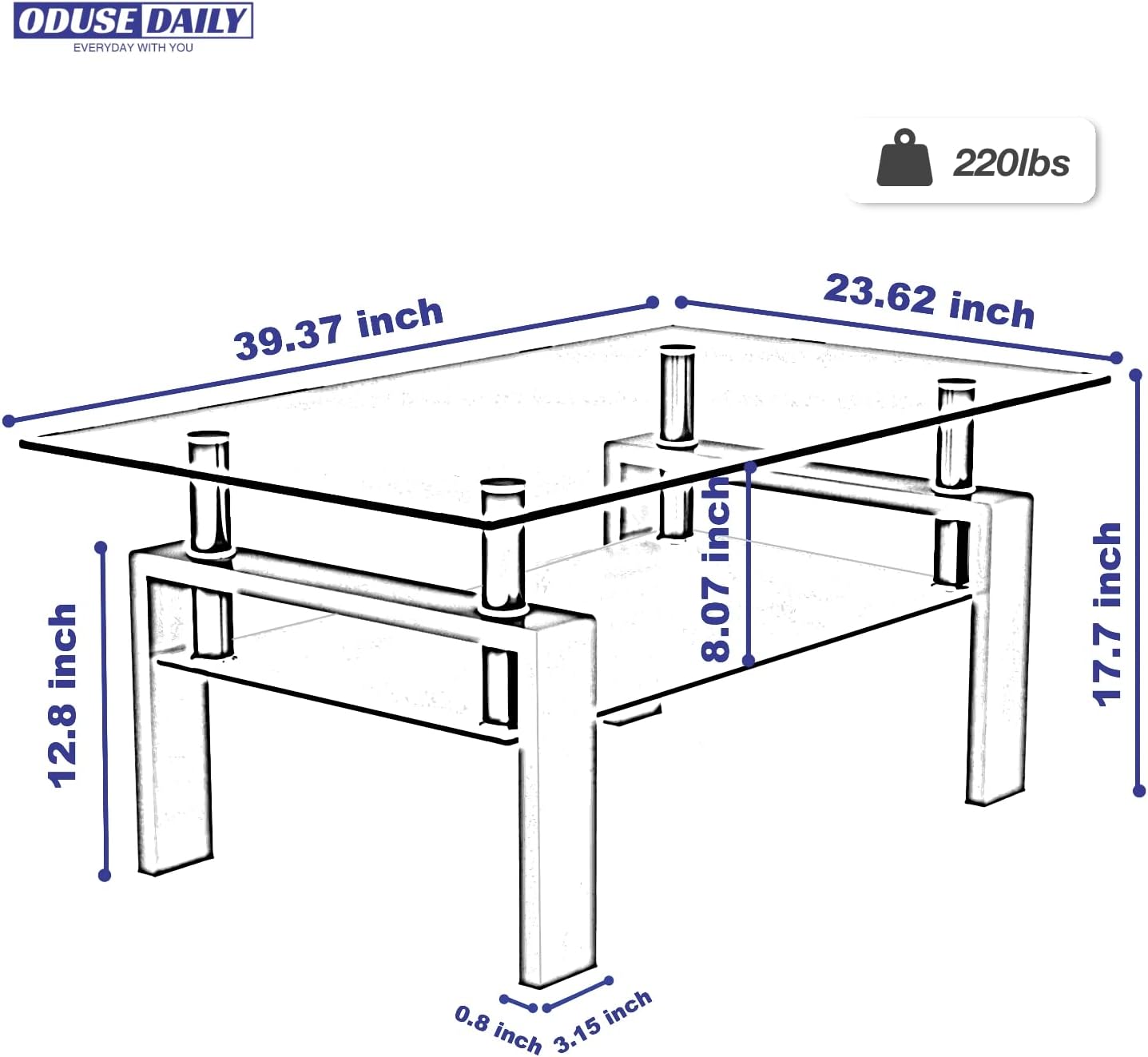 ODUSE-DAILY Morden Design Rectangle Glass Coffee Table for Living Room, with Black Metal Legs, Clear Tempered Glass