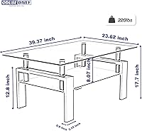 Vista 2 de Mesas de café de 2 capas completamente negras de vidrio para sala de estar, mesa de sofá rectangular, mesa de café contemporánea, con patas de metal
