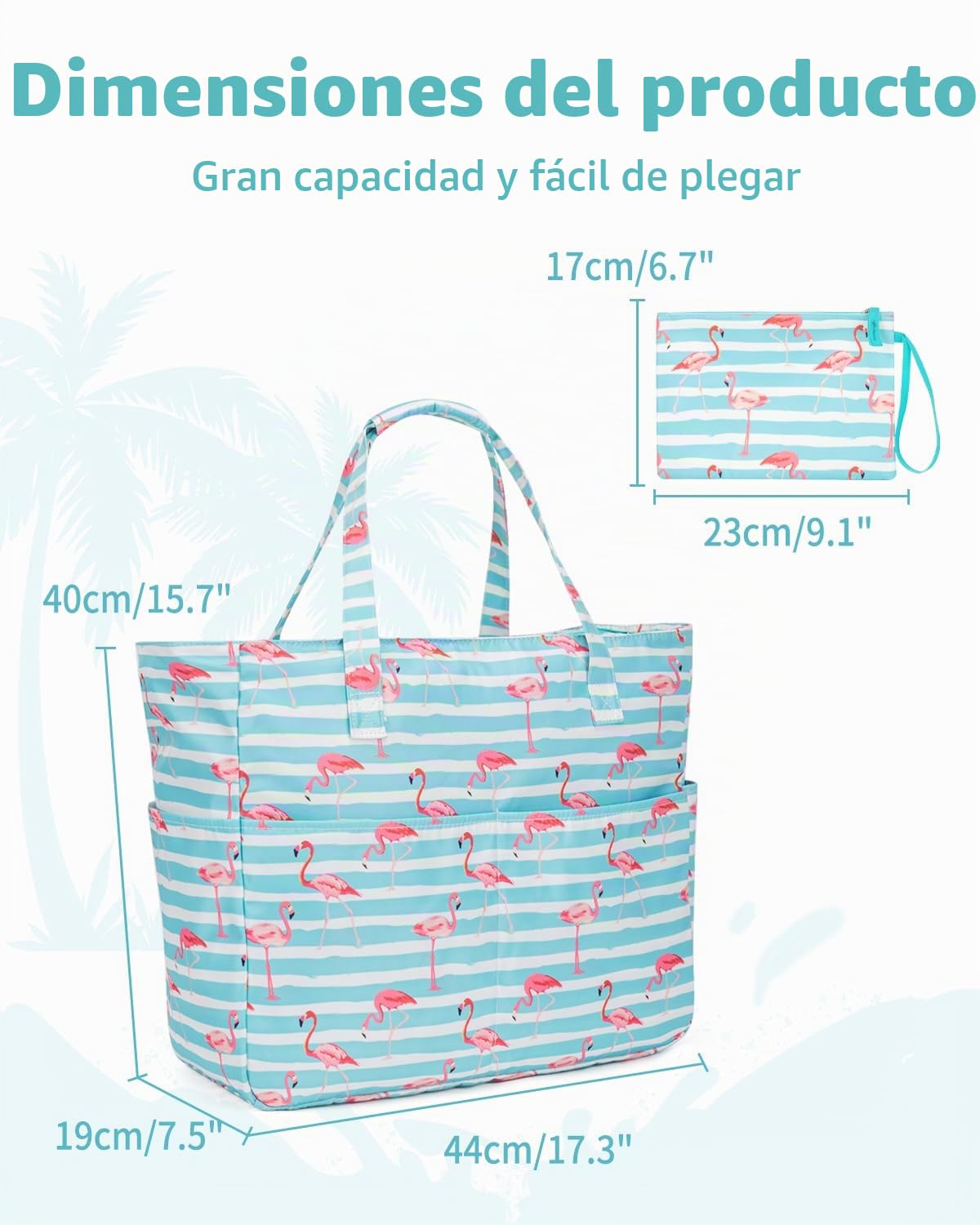 KABAQOO Bolsa de Playa XXL Familiar con Cremallera y Compartimento Impermeable, Bolsa Piscina Mujer Bolso de Mano Shopper Grande Plegable y Ligero para Viajes y Natación, Flamenco verde y blanco