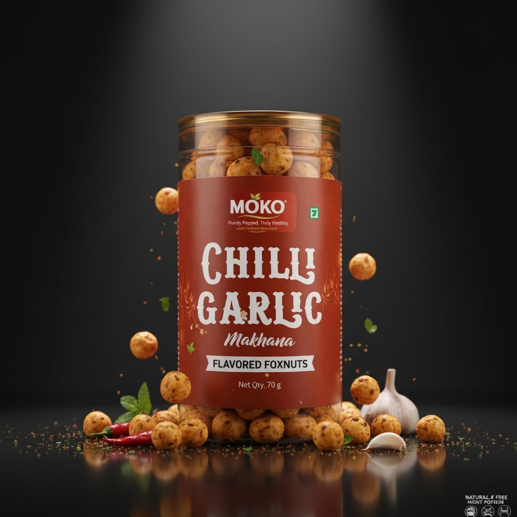 MOKO Chilli Garlic Makhana β Roasted Foxnuts Snack, Gluten-Free & High Protein, Healthy Lotus Seeds, Light & Crunchy Evening Snack, 70g 2