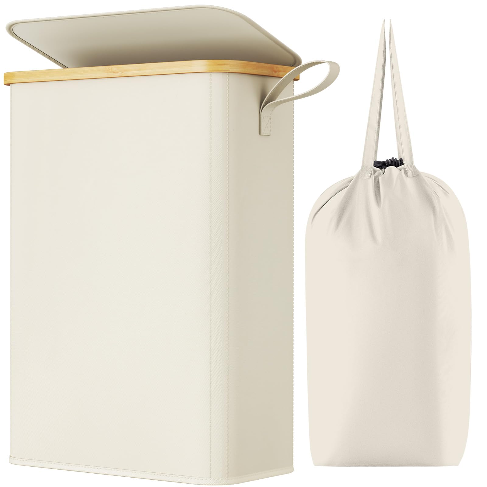 Lifewit 50L Slim Laundry Basket with Lid, Foldable Laundry Hamper Drity Clothes Washing Basket Toys Towels Storage with Bamboo Handle, Removable Inner Bag for Bedroom Bathroom, White