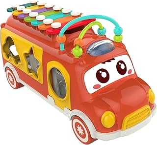 لعبة حافلة مدرسية تعليمية صغيرة بنمط اكسيليفون من فليكس فاليو، لعبة متعددة الألوان لتعليم التعرف على الأشكال، ألعاب للأطفال بأشكال مطابقة للأولاد والبنات بعمر 18 شهر من فليكس (لون أحمر)