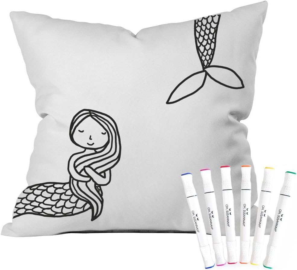 Oh, Susannah Mermaid Coloring Throw Pillow Cover Kit (1 18 by 18 Inches) with Permanent Fabric Markers Included Birthday Presents Color Your Own Pillow Cover Doodle Pillowcase