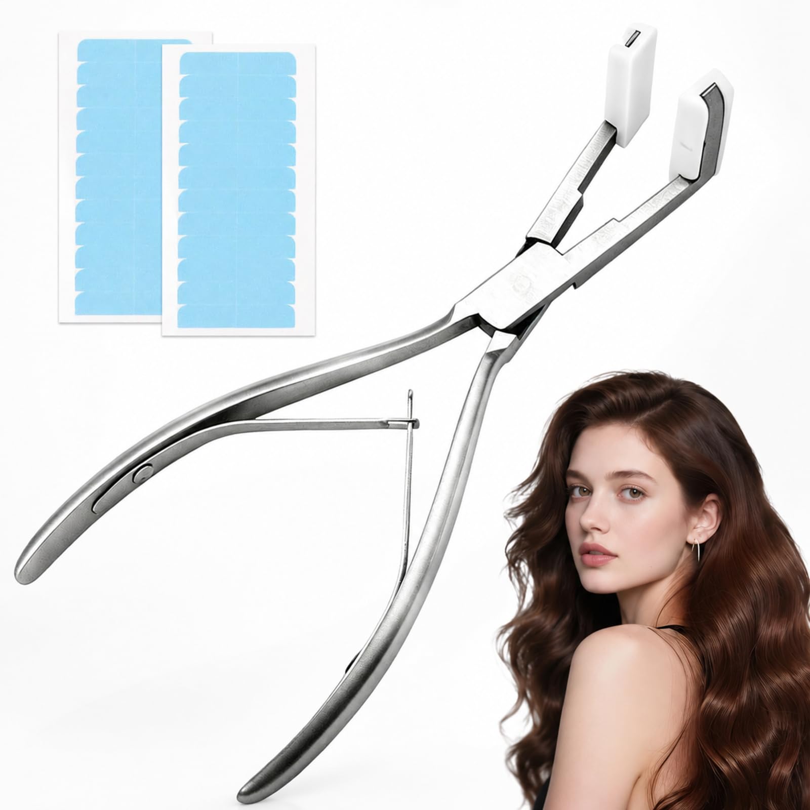 Tape in Hair Extension Pliers, Stainless Steel Hair Extension Clamp Tool with Silicone Pads and 2 Sheets Replacement Tape, Flat Jaw Sealing Pliers for Tape Hair Extensions