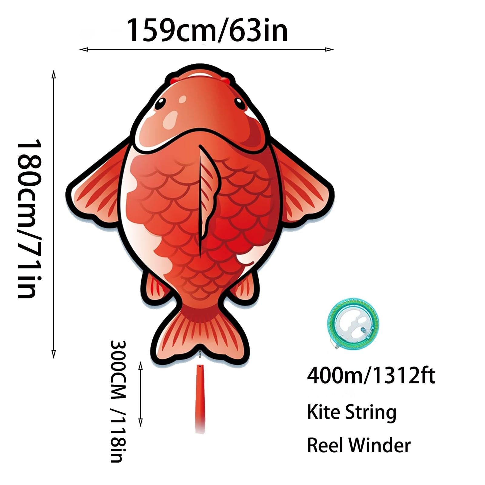 Koi-Fisch-Einleiner-Drachen, 210T Ripstop-Gewebe mit Rolle, einfach zu fliegen für Anfänger und Erwachsene, Outdoor-Aktivitäten(String1312ft,63x71in)