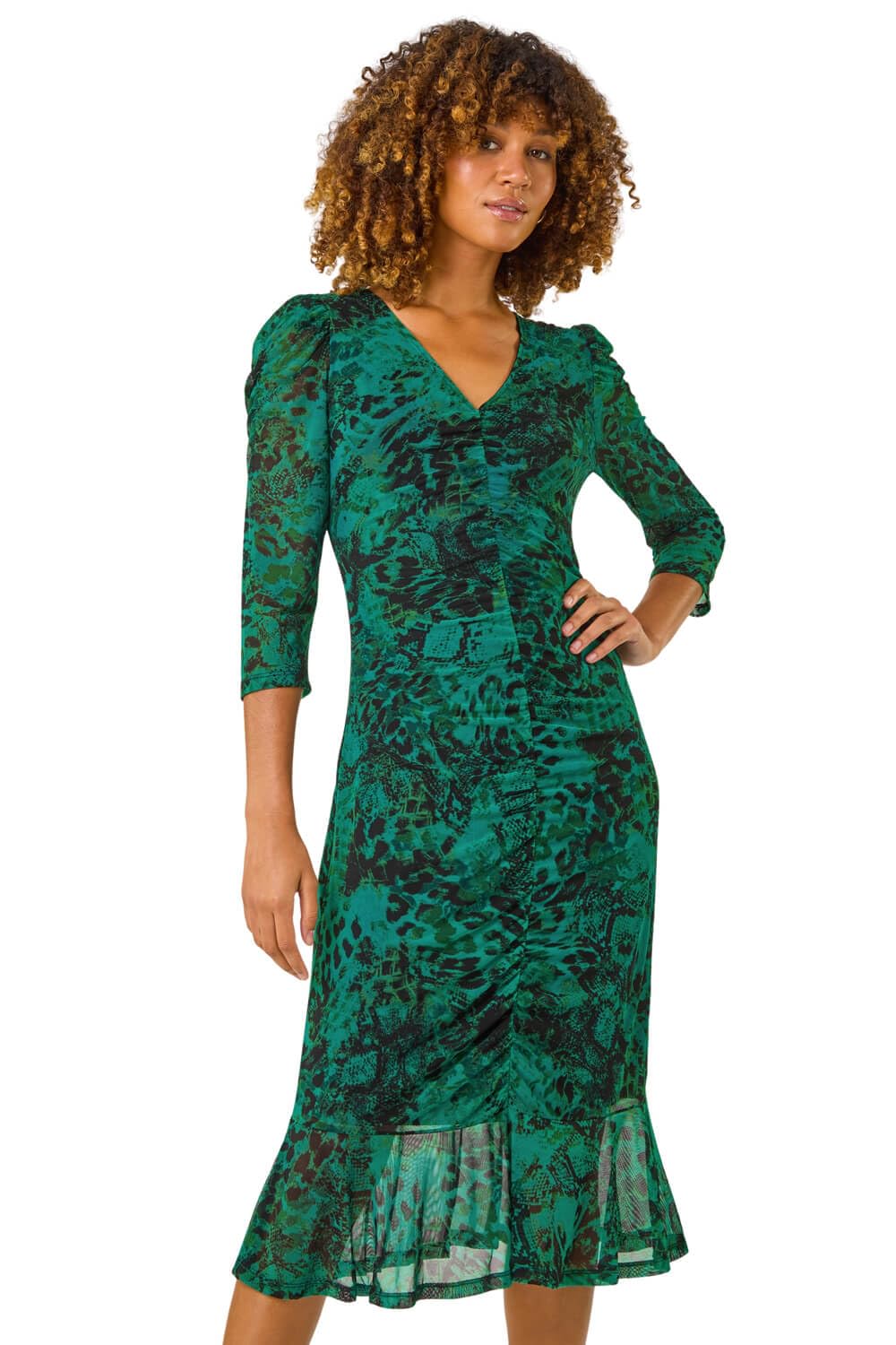 Roman Originals Printed Mesh Midi Dress for Women UK - Ladies Everyday Autumn Winter V-Neckline Comfy Soft Evening Vacation Work Party Night Out - Green - Size 16