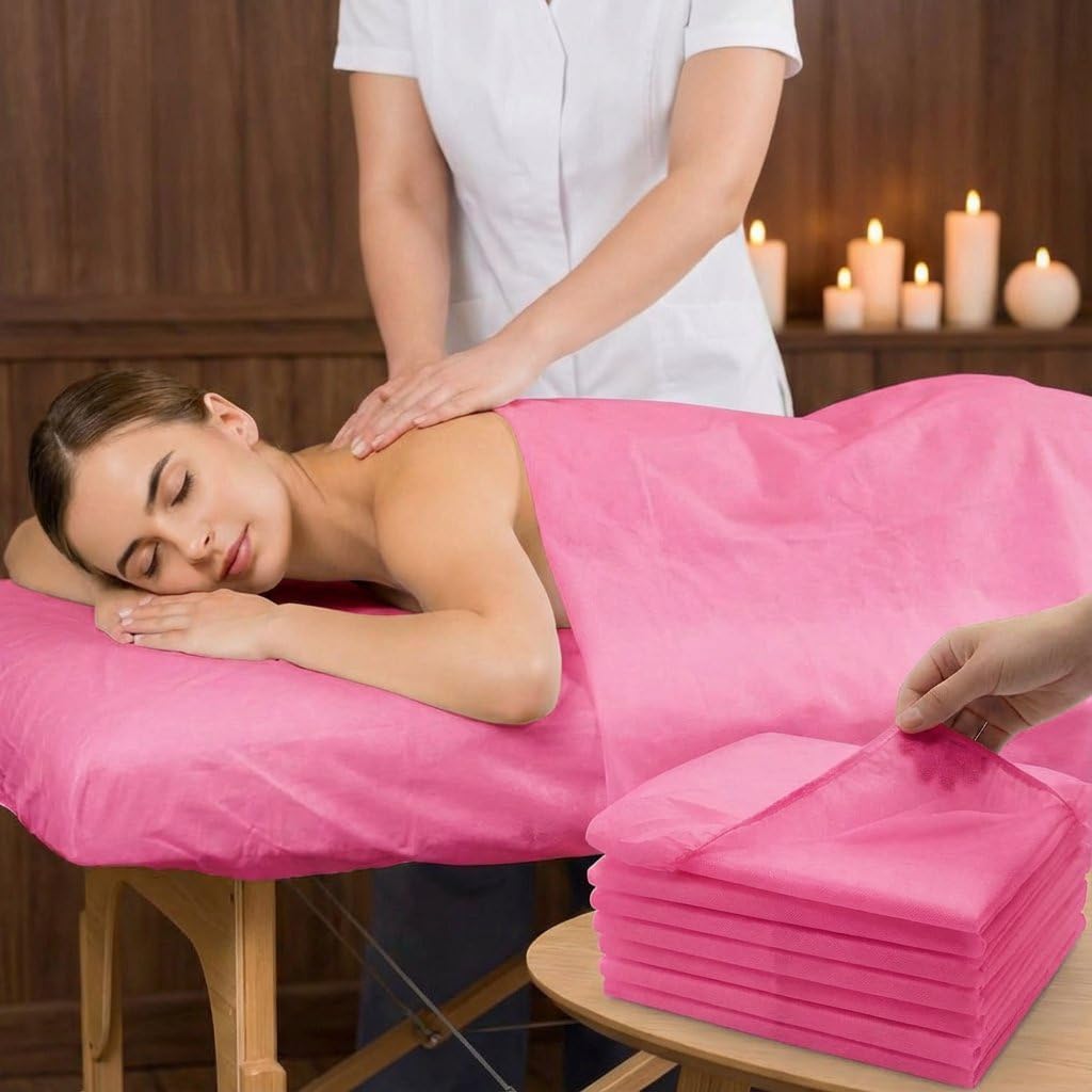 50PCS Disposable Fitted Massage Table Sheets with Elastic, Heavy Duty Elastic Disposable Bed Cover, Breathable Pink Sheets for Spa Massage Beauty Tattoos Non Woven Fabric 36 x 85 In