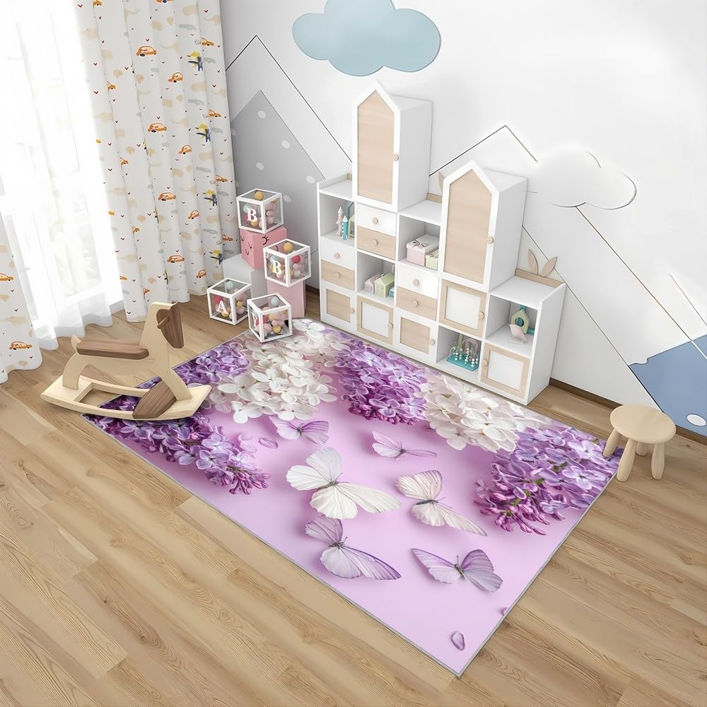 Generico 3D Tappeto Salotto Pelo Corto 120x180 cm, Farfalla Lilla Bianca Tappeto Camera Per Bambini Antiscivolo Lavabile, Viola Tappeti Decorazione per Corridoio, Soggiorno, Sala