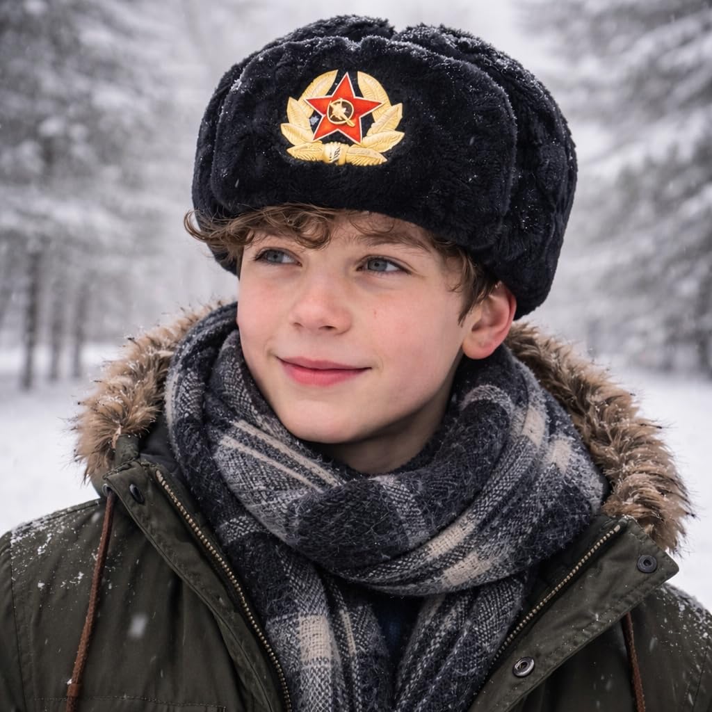 Chapeau de trappeur russe pour homme - Chapeau chaud d'hiver avec badge soviétique unisexe en fausse fourrure - Chapeau d'hiver unisexe