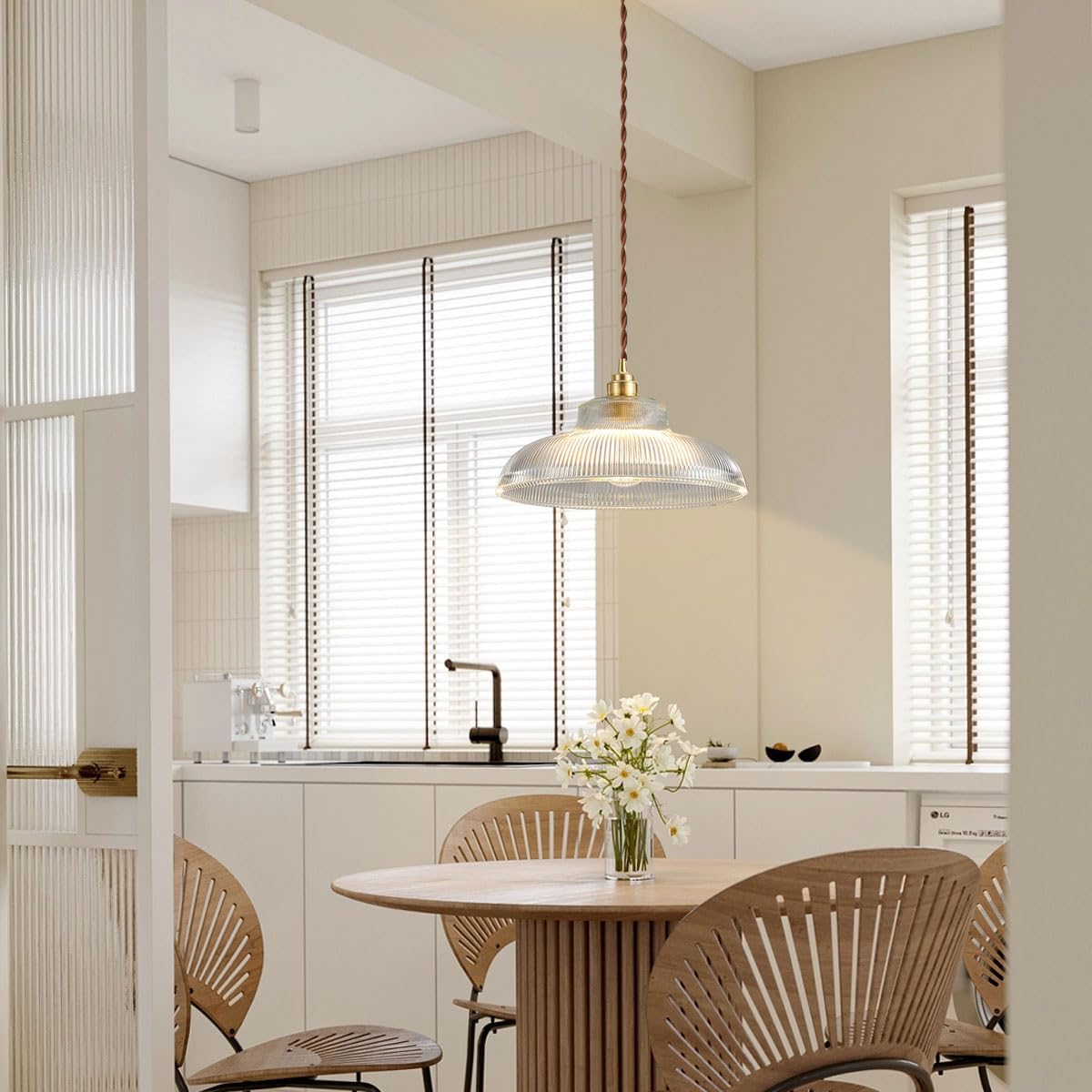 Small Glass Pendant Light Fixtures One-Light Gold Brass Dining Room Decor mid Century Modern Hanging Pendant Lamp Clear Dome Shade Striped Light Fixture for Kitchen Island