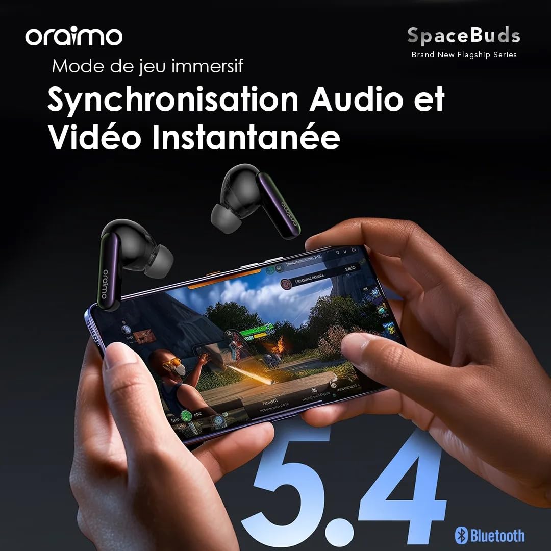 Oraimo SpaceBuds - Écouteurs Bluetooth sans Fil, Réduction de Bruit Active ANC Hybride 50dB, Autonomie 40h, Écouteurs Intra Auriculaires Basse Latence Jeu, 6 Micros Appel Clair, IP54 - Space Grey