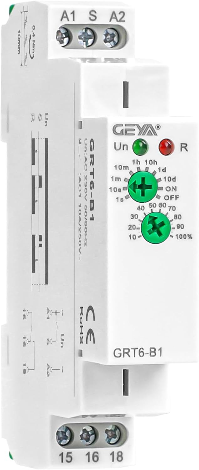 GEYA 1 Output 10A Delay Off Single Function Time Relay Electronic Adjustable Power Off Timer Delay Relay Rail Modular,DIN Rail Mount(GRT6-B1,AC/DC24V-240V)