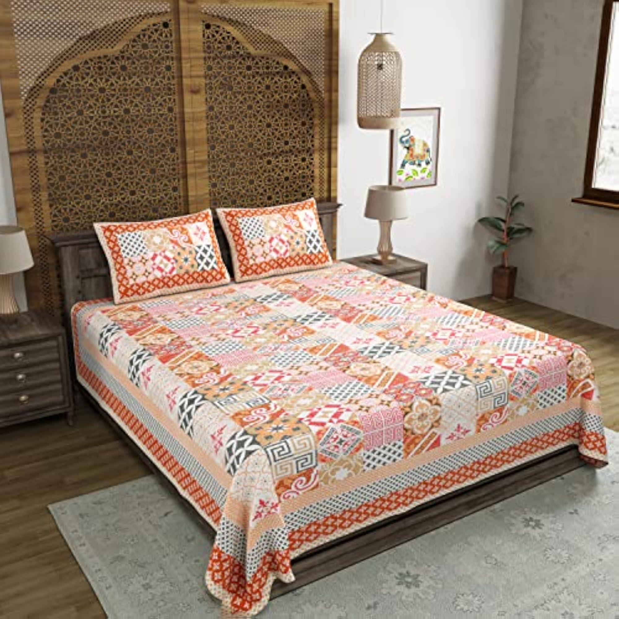 Hand Block Print Cotton King Size Bedsheet in Orange Ikat