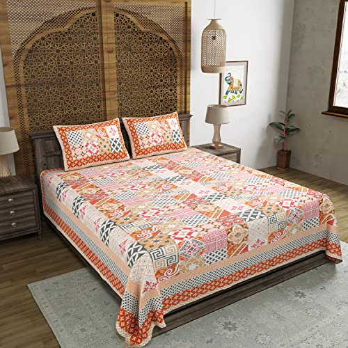 Image of BLOCKS OF INDIA Hand Block Printed 200 TC Cotton King Size Bedsheet (Orange Ikat)