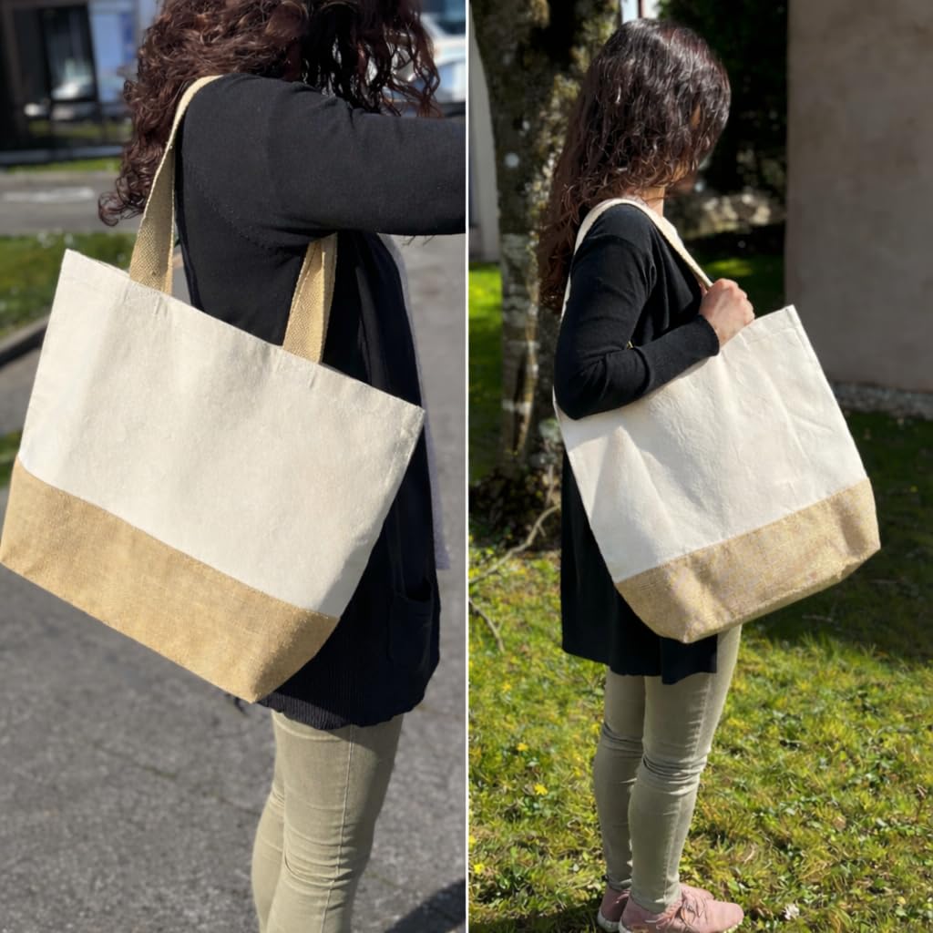 Planetee Sac Maman au top | Cabas de Plage Courses Coton et Toile de Jute Idée Cadeau Femme