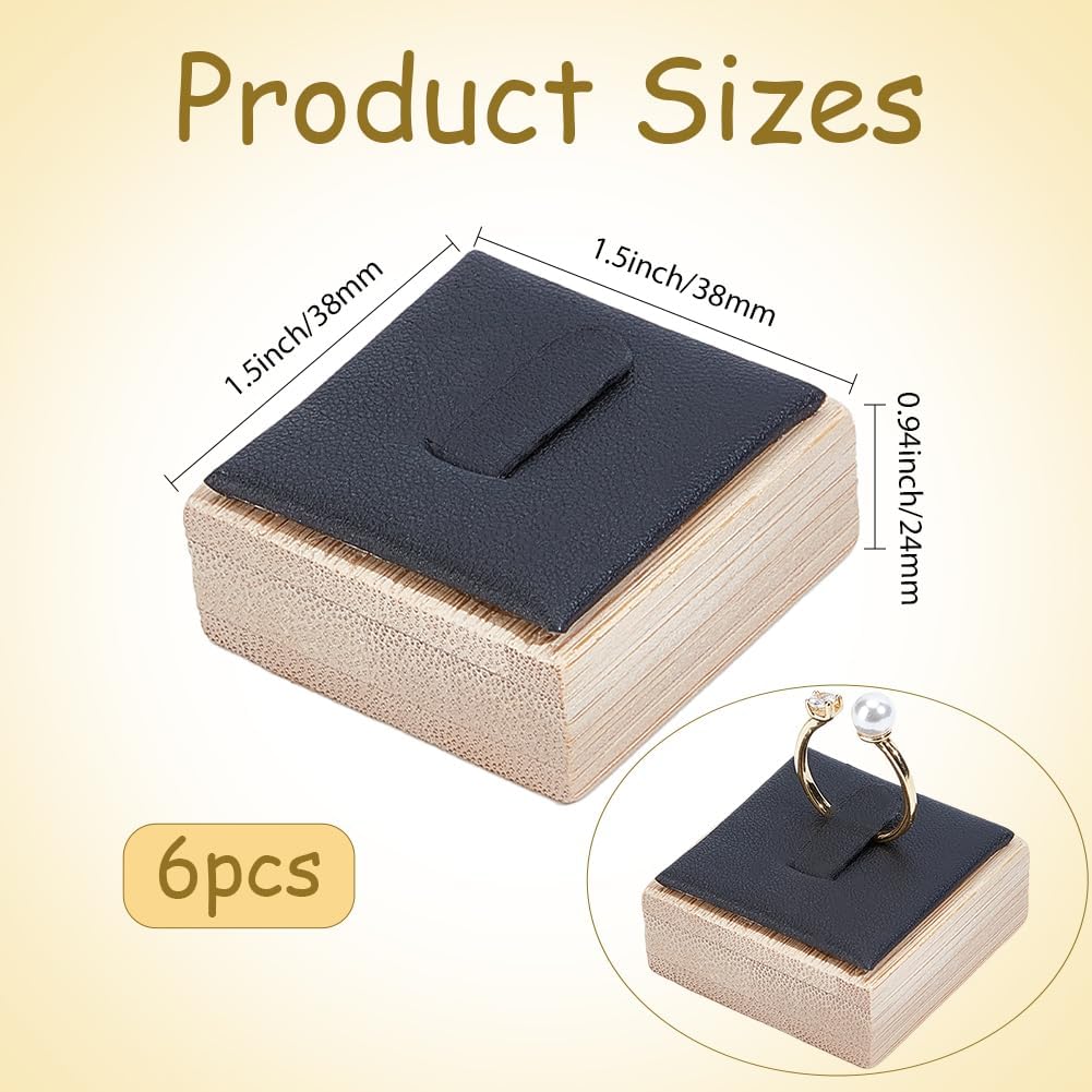 Beebeecraft 6Pcs Single Wood Ring Display Stand 4x3.95x2.1cm Black Square Bamboo Ring Holder Organizer with Imitation Leather Mat for Rings Trade Show Countertop Bearer