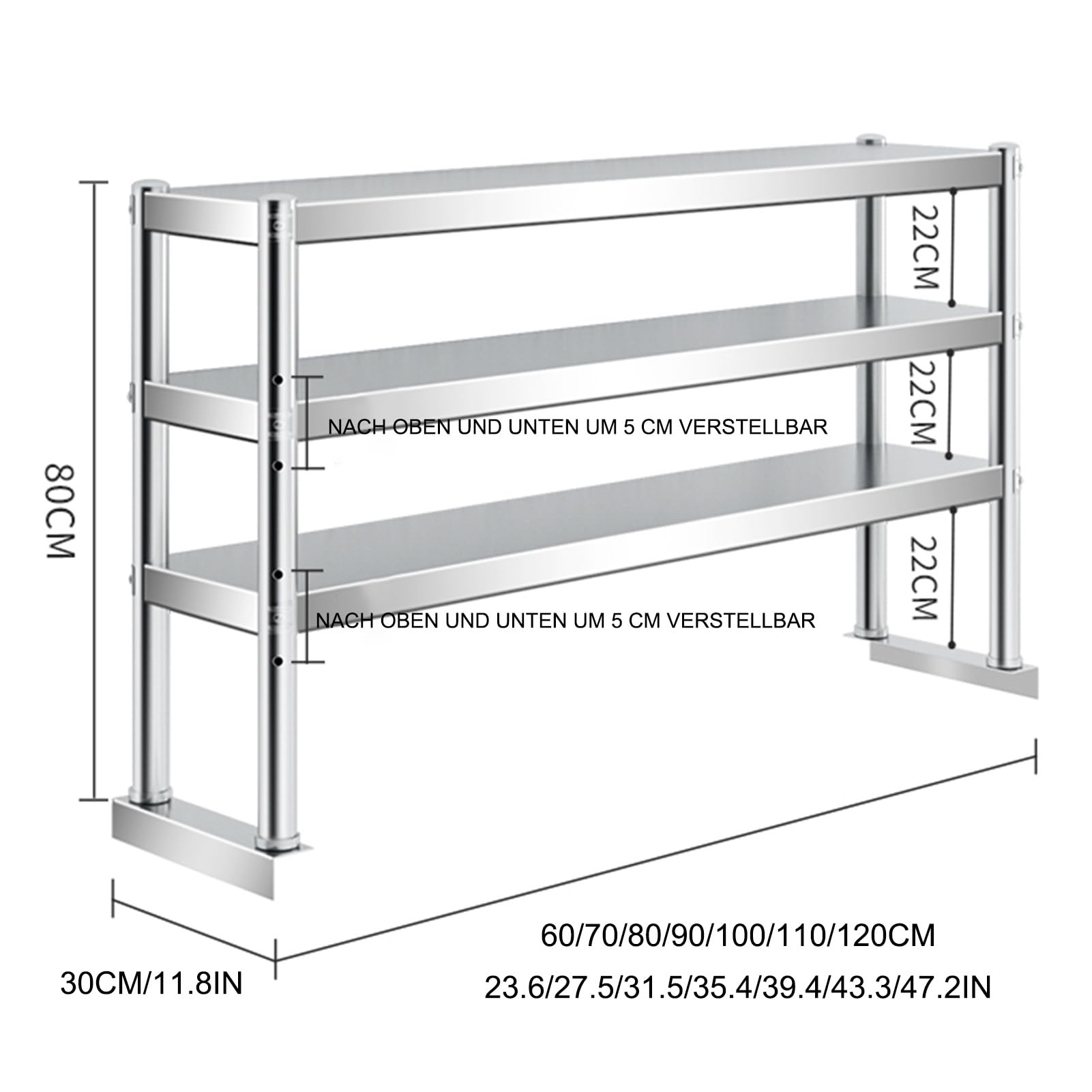 Heavy Du - Scaffale a 3 ripiani in acciaio, altezza regolabile per cucina, tavolo da lavoro e ristorazione (110 x 30 x 80 cm)