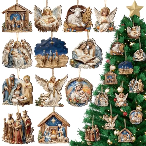 Image of Vercraft 24 Pcs Nativity Scene Ornaments for Christmas Tree Wooden Religious Xmas 3D Decorations Christian Angel Scene Hanging Ornaments Gifts for Christian Christmas Yard Garden Outdoor Home Decor