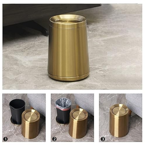 Miniatura 9 de Leasylife Cubo de basura dorado de 10 L3 galones cubo de basura de acero inoxidable cepillado con tapa abatible para baño sala de estar dormitorio