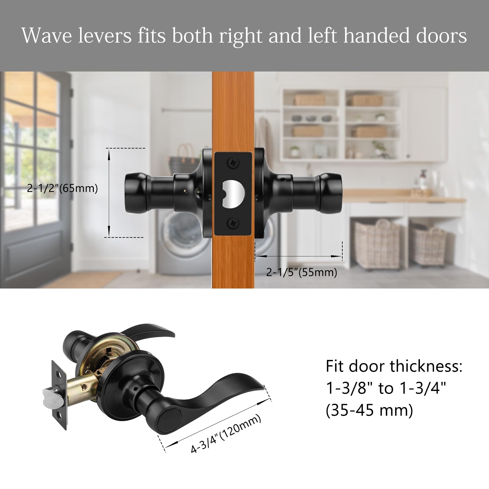 Black Wave Door Knobs - 6 Pack Interior Handles -2